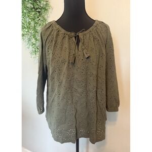 J Jill Tassel Tie Keyhole Neck Cotton Eyelet Top Olive Green  Size M